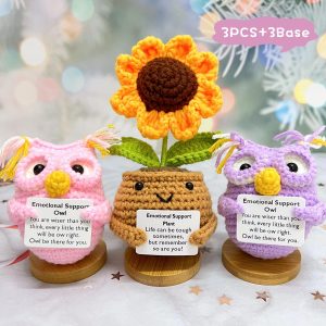 Crochet Owl And Sunflower Plant,Emotional Support Gift,Crochet Colorful Owl,Handmade,Encouragement Gift,Desk Decor,Valentine's Day Gift